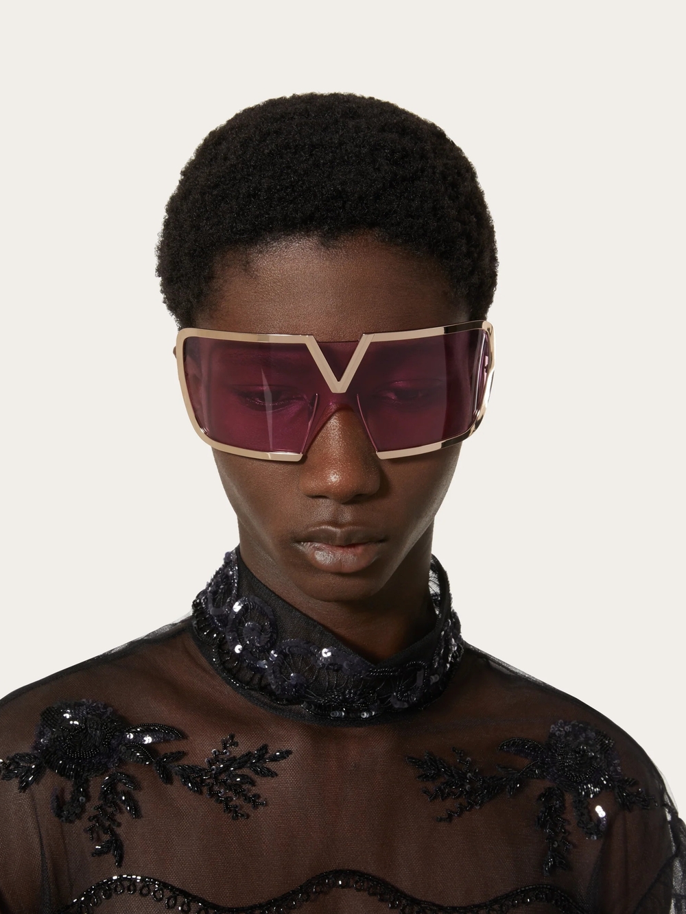 Valentino Gold-Trim Shield Sunglasses for Women